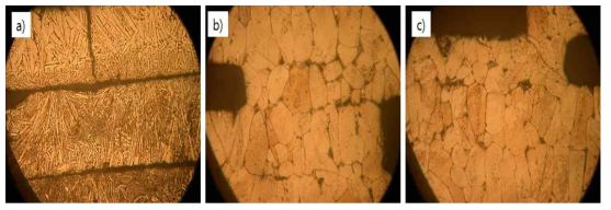 결정립 조대화 열처리 시간 변화에 따른 미세구조 a) as-cast, b) 1160℃/20h c) 1160℃/4h