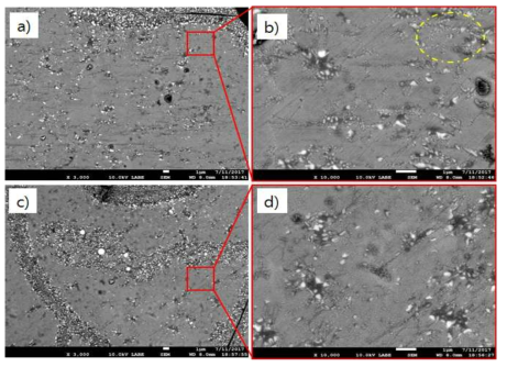 수소주입 속도 차이에 따른 미세구조 변화 a) 100cc/min. x 3000, b) 100cc/min. x 10,000 , c) 500cc/min. x 3000, d) 500cc/min. x 10,000