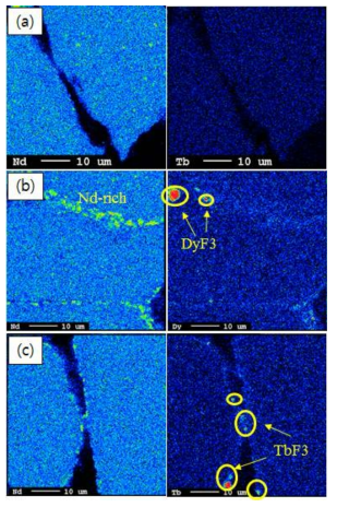 이방성 본드자석 분말 단면 mapping 분석 : (a) 이방성 본드자석 분말, (b) DyF3 1 wt.% 입계확산처리 분말, (c) TbF3 1 wt.% 입계 확산처리 분말