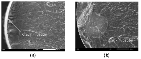 저주기 피로 파단면 (a) TMS-196, (b) KSC-06