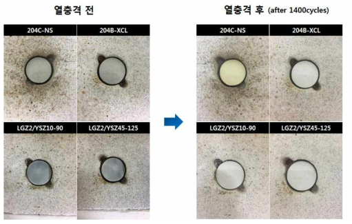 204C-NS, 204B-XCL, LGZ/YSZ TBC 코인시험편의 열충격 전 및 1,400cycles 열충격 시험 후의 외관사진