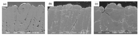 Gd2-xZr2+xO7+0.5x 코팅시편의 단면미세구조 : x= (a) 0, (b) 0.5, (c) 1.0