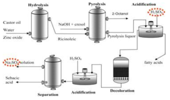 Castor oil의 caustic pyrolysis를 통한 세바식산 생산 제조 개념도
