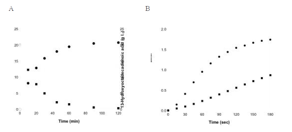 (A) Determination of activity by spectrometer. B. thailandensis lipoxygenase (filled circle) and soybean lipoxygenase (filled square) (B) Production of 13S-HODE from linoleic acid Linoleic acid (filled square) and 13S-HODE (filled circle) of B. thailandensis lipoxygenase. Linoleic acid (empty square) and 13S-HODE (empty circle) of soybean lipoxygenase