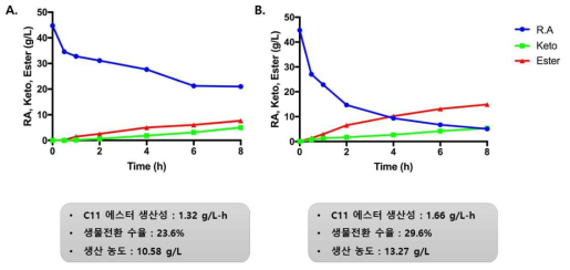 FadL 발현 유무에 따른 C11 에스터 전환실험 A. BL21(DE3)/ pAPTm-J23100 E6BVMO-ADH, B. BL21(DE3)/ pAPTm-J23100 E6BVMO-ADH pACYC-FadL