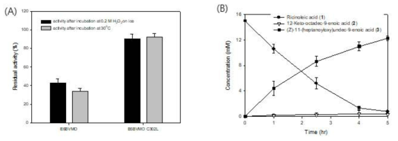 E6BVMO와 E6BVMOC302L의 열적 산화적 안정성 (A)과 E. coli BL21 pAPTm-E6BVMOC302L-ADH를 이용한 리시놀레산의 생물전환 결과 (B). 리시놀레산 (1) (△), 12 케토-올레산 (2) (▽), 에스터 (3) 농도 (■)