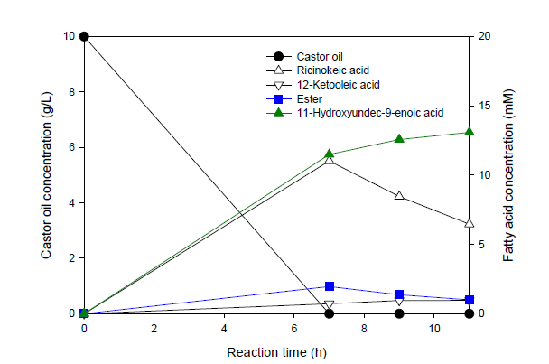 Castor oil로부터 C11 하이드록시카르복실산의 생합성 결과. 내산성 E. coli 균주를 회분식 배양 후 10g/L castor oil과 10U/ml의 TLL lipase를 투입한 후 생물전환 진행. castor oil (●), 리시놀레산 (△), 12-케토 올레산 (▽), 에스터 (■), C11 하이드록시카르복실산 (▲) 농도
