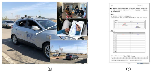 자동차선변경시스템 운전자수용성평가: (a) 운전자수용성평가 전경, (b) 운전자수용성 평가지