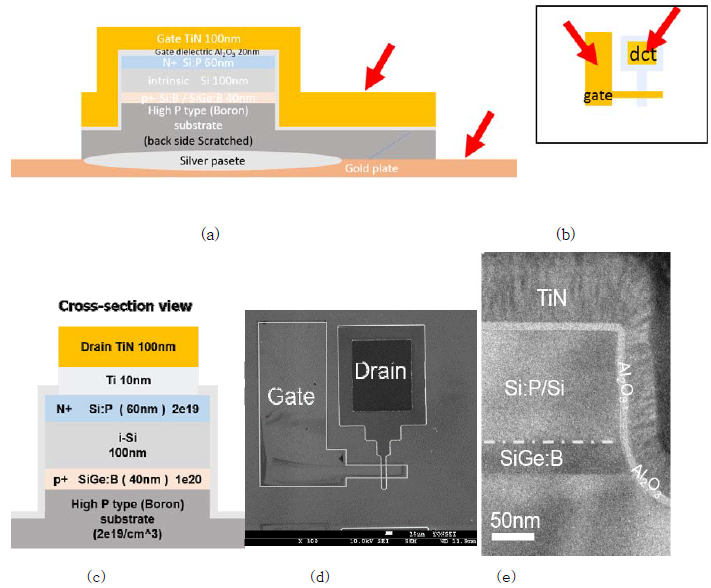 수직구조 터널링 소자의 완성 된 모습의 개략도와 박막의 도핑농도 및 두께정보. gate 부분의 단면도(a), plan view(b), drain 부분의 단면도(c), plan view SEM image(d), Gate 부분의 TEM image(e)