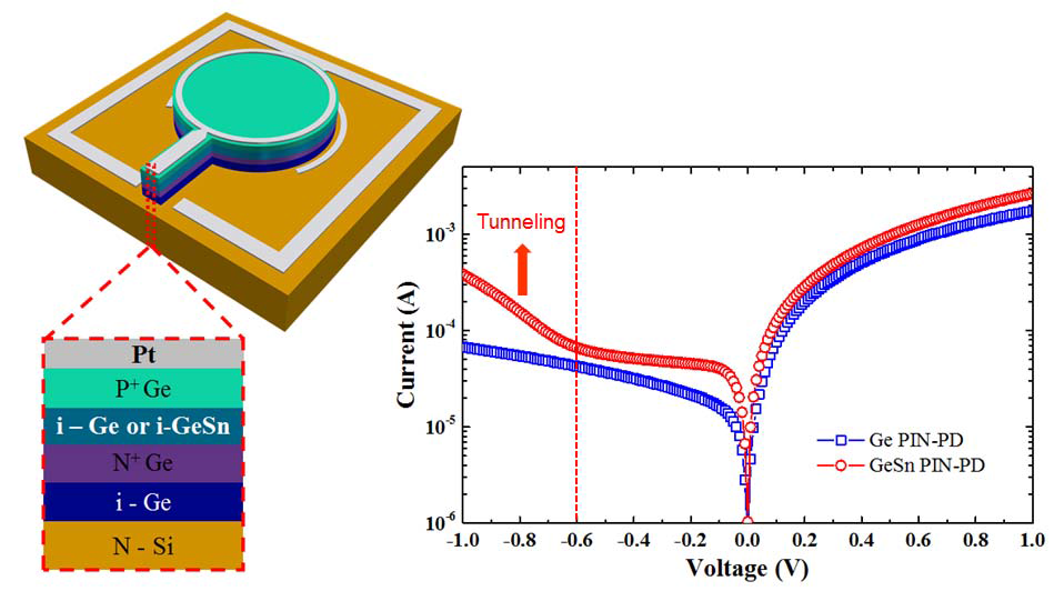제작된 Ge/GeSn PIN photodiode의 모식도 및 I-V 특성