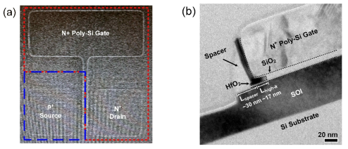 (a) 제작한 소자의 top view. (b) 소자의 단면 TEM 사진