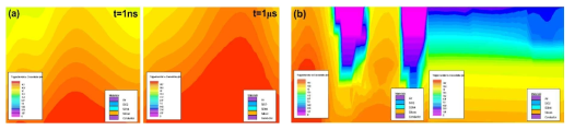 (a) 1μs 동안 band-to-band hot electron injection (좌, 게이트 전압 6 V, 드레인 전압 3 V)과 FN tunneling (우, 게이트 전압 13 V, 드레인 전압 0 V)를 이용해서 저장한 전자 분포 비교. (b) 1μs 동안 source hot hole injection (좌, 게이트 전압 –9 V, 소스 전압 6 V)과 FN tunneling (우, 게이트 전압 –13 V, 드레인 전압 0 V)을 이용해서 저장한 정공 분포 비교