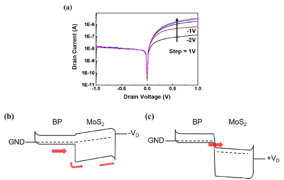 (a) 게이트 전압에 따른 MoS2/BP Diode의 I-V 특성 (b) Forward rectifying 시의 band diagram (c) Reverse rectifying 시의 band diagram