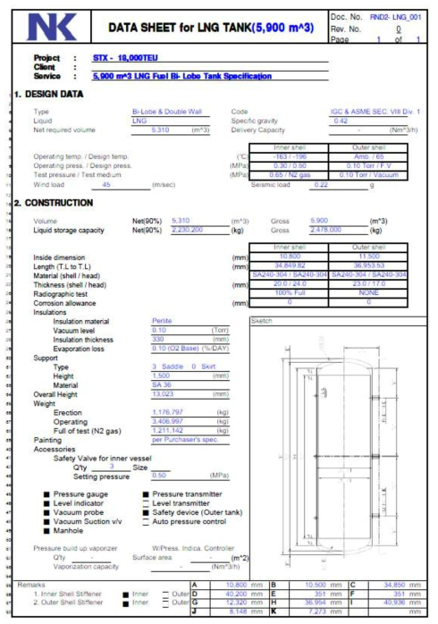 5k급 Bunkering Shuttle용 LNG Tank Datasheet