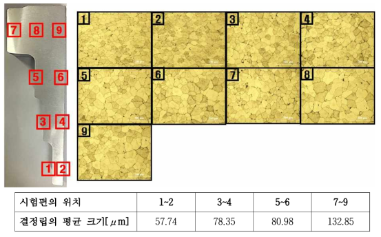 10 주조 사이클 점진응고법에 의해 주조된 계단형 시험편의 위치별 미세구조 및 결정립의 평균 크기