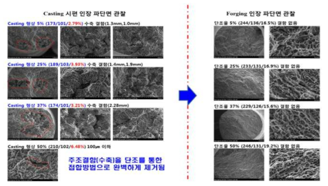 A356 주조품 / 단조품 인장 파단면 SEM 관찰 사진