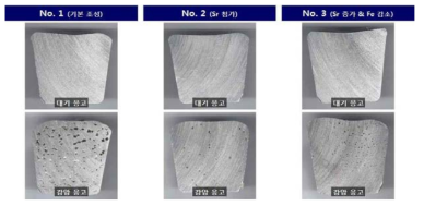 합금 3종의 대기/감압 응고시편 기공 비교 결과
