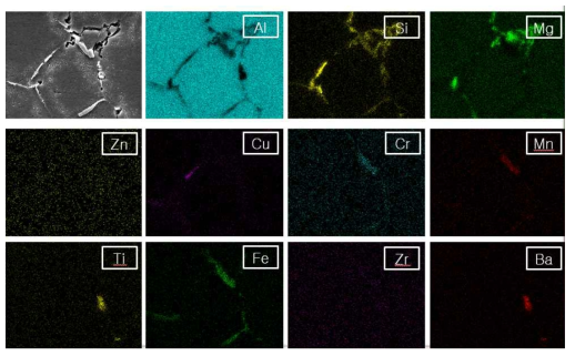 개량된 A6061합금(#R4합금) 주조 시험편의 미세구조 및 석출물의 형상 (SEM/EDS Dot Mapping Images)