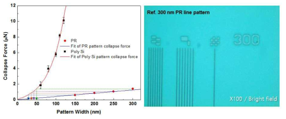 PR 패턴과 poly-Si 패턴 크기에 따른 붕괴력 비교 및 PR 300 nm 패턴 모습
