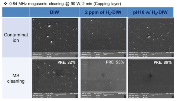 메가소닉 및 세정액에 따른 Ru capping layer 상의 Ta 입자 세정 결과