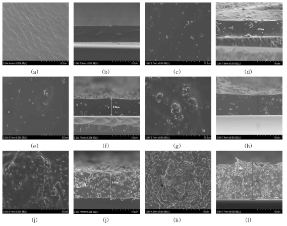 PMMA 입자를 함유하는 PU필름의 표면과 단면의 SEM 이미지((a, b) 입자 미함유 PU, (c, d) 0.5 wt.%, (e, f) 1.0 wt.%, (g, h) 3.0 wt.%, (i, j) 5.0 wt.%, (k, l) 10.0wt.%)