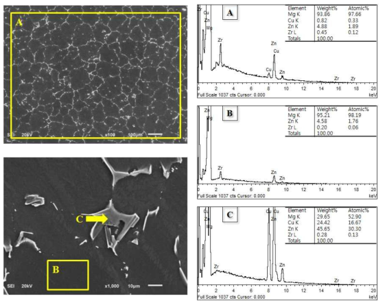 ZC51+0.5Zr 합금의 SEM관찰 및 EDS분석 결과
