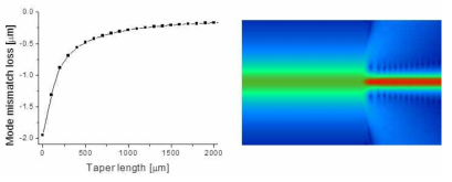 테이퍼의 길이가 증가함에 따라 변하는 모드 변환 손실과 테이퍼가 800mm 길이를 가질 때의 수치 모사 결과