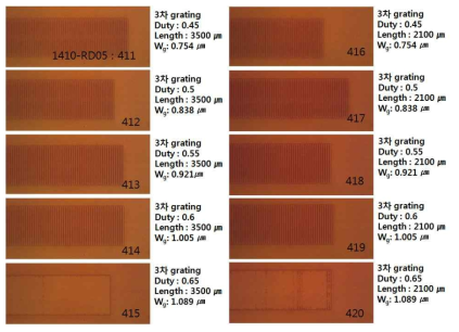 3차 브래그 격자의 주기에 따라 제작된 격자의 현미경 사진