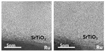 산화제를 달리하여 증착한 STO 박막의 TEM 분석 이미지 (좌) H2O 산화제를 이용한 STO (우) O3 산화제를 이용한 STO