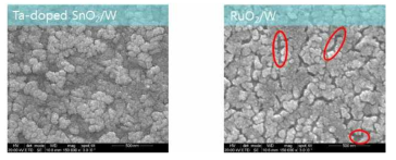 H2(4%)/Ar 분위기 400도 30분 열처리 후 (a) Ta-doped SnO2/W, (b) RuO2/W의 표면 SEM 결과