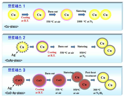 유리로 코팅된 Cu 및 Cu-은, Cu산화물-은 분말의 탈지 및 소결 공정에서의 산화 저항성 개념도