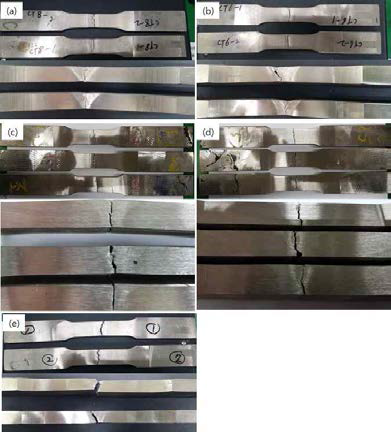 상용 용접재료 접합부 가로인장 시험 결과 (a) ER308L, (b) ER316L, (c) ER2209, (d) ER2594, (e) ERNiCrMo-3