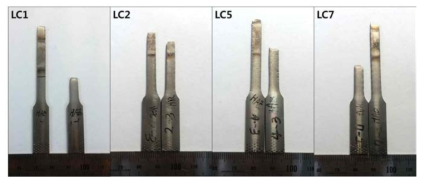 LC1, LC2, LC4, LC7 용접 열영향부 인장 시험 후 시편