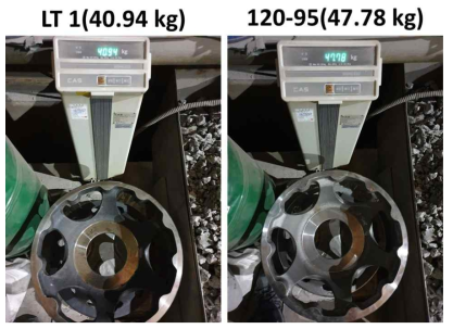 경량철강 최종 주조재 개발합금(LT 1)으로 제작된 비호/천마용 구동륜과 120-95(A1)으로 제작된 비호/천마용 구동륜 무게 비교