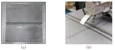 (a) 겹치기 용접부 시편 (b) XRD 잔류응력 측정 실험