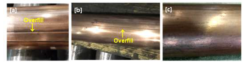 공형압연 후 표면 상태; (a) Roll gap : 4mm, (b) Roll gap 4 -> 1mm, (C) 5 pass 후 표면 상태