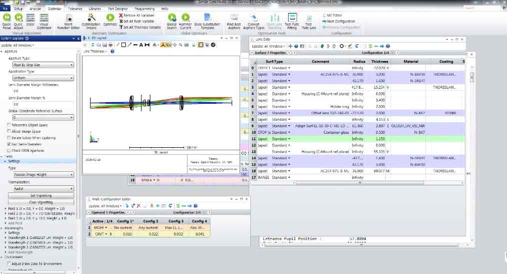 광학설계프로그램(Zemax)의 설계화면