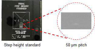 50㎛ Step height standard 표준시편(calibrated step height: 49.583±0.267㎛, 측정환경 : 온도(21±1℃), 습도(39±2%)