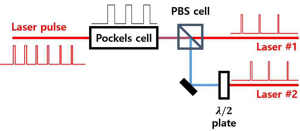 Pockels Cell을 이용하여 하나의(10 Hz) 레이저 빔을 두개의 빔(각 5Hz)로 나누는 개념도