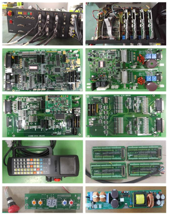 개발 로봇 제어기 H/W 사진 (상좌부터 시계방향으로 로봇제어기 외관, 로봇제어기 내부, 서보제어부와 서보 엠프, EXT I/O1, EXT I/O TB, SMPS, Front Panel, 교시반, EXT I/O 1과 STEP Driver, Main board)