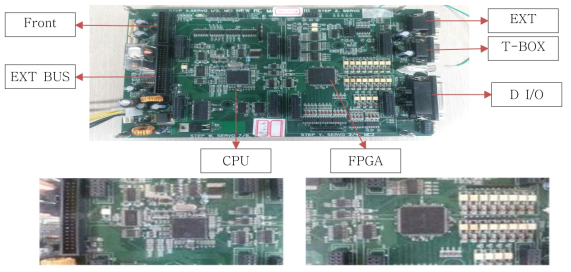 Main Board 사진: (상)로봇제어기 base module, (하좌) CPU 및 통신, memory I/F 부분, (하우) FPGA , I/O 부분