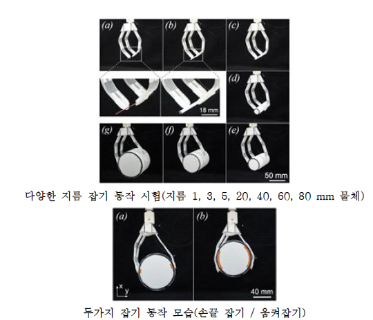 강성 지지체 삽입 구동기 이용 그리퍼 모듈 다양한 잡기 동작 시험 모습