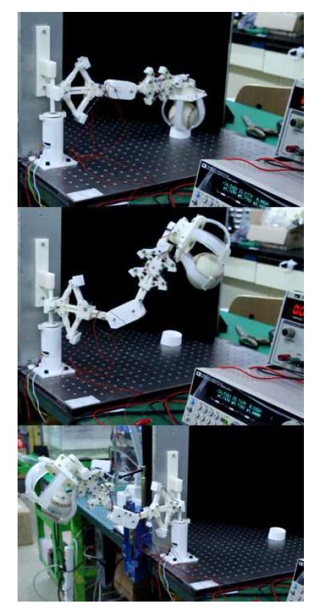 인공근육 팔꿈치 모사 로봇의 물체 옮기기 실험(야구공)
