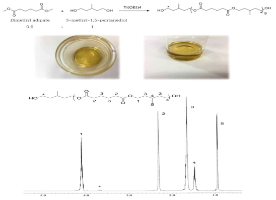 3-methyl-1,5-pentanediol과 dimethyl adipate의 에스터 결합으로 합성한 수평균 분자량(Mn)이 약 2000인 중합체