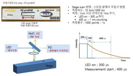 LFA strip 시료에 대해 반사형 TRF 형광측정시스템의 스테이지 구동 및 측정 방법 개요