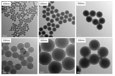 다양한 입자크기(평균입도 100-300nm)를 갖는 Eu 나노입자의 투과전자현미경 이미지
