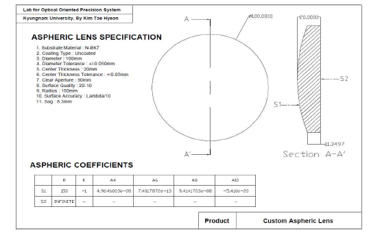 자유곡면 형상 제작을 위한 비구면 렌즈 설계도면