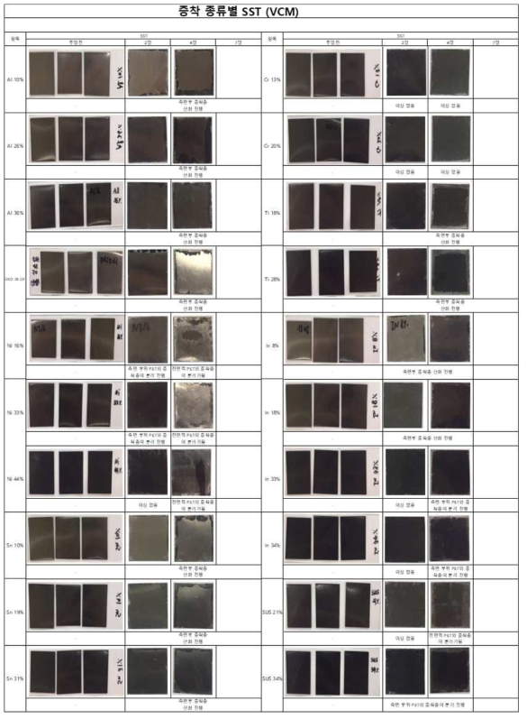 증착 금속 종류별 내식성 비교 결과 (VCM 상태)