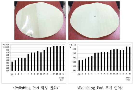 친수성 소재 c 적용 Polishing Pad의 시간에 따른 직경/ 무게 변화