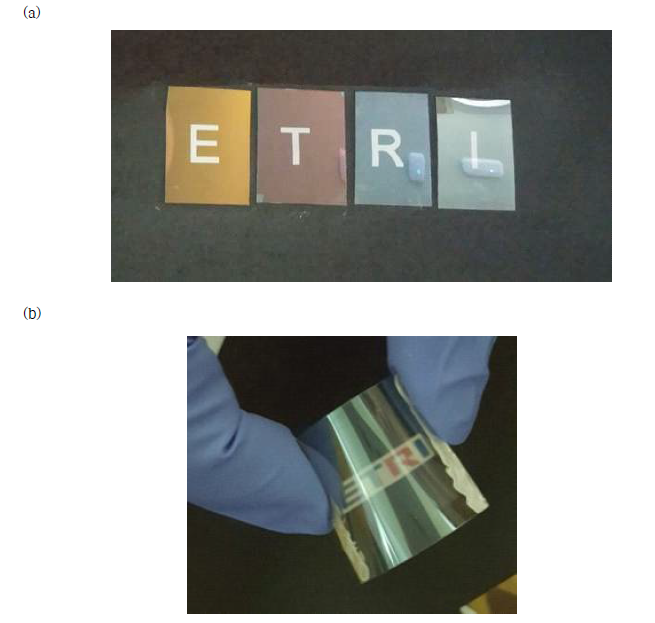 PET기판 상에 제조한 투명 발열체의 (a) 다양한 색을 구현한 소자 및 (b) 유연성을 갖는 발열소자